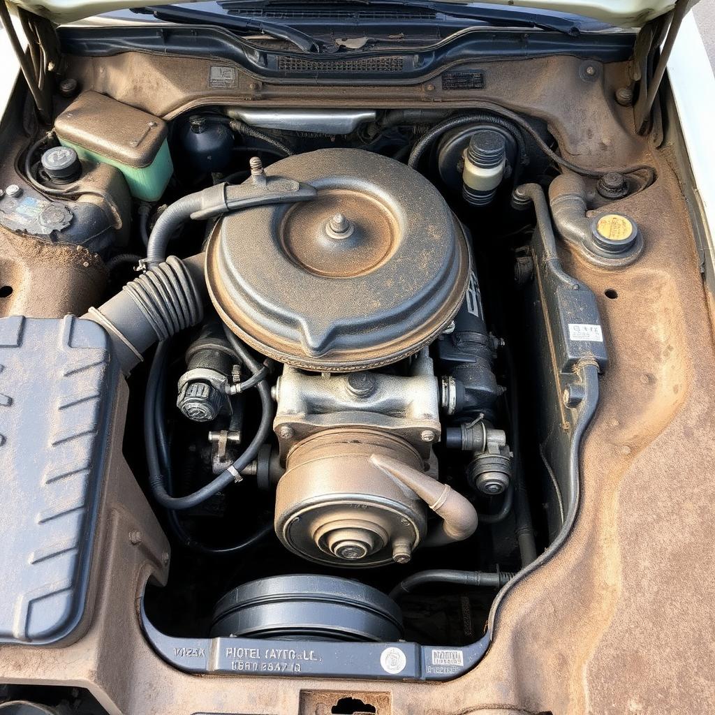 Vano motore sporco e ingrassato prima dell'intervento